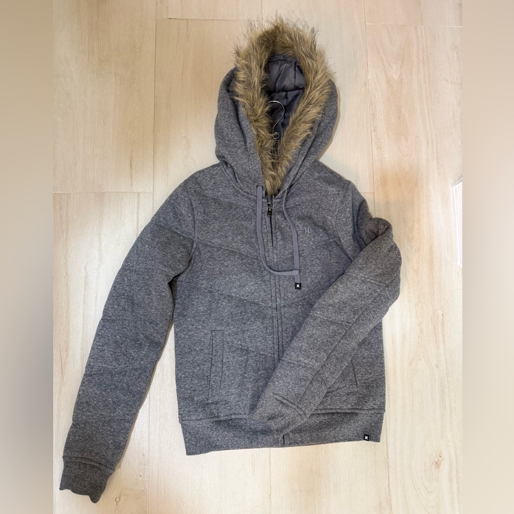 Hurley Gray Hooded Jacket with Faux Fur Trim